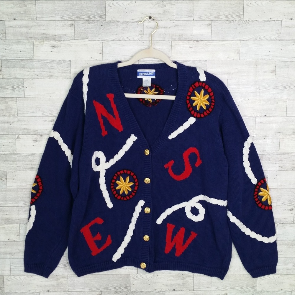 Women's Pendleton Cardigan Sweater Vintage Blue Nautical N S E W Size XL Navy
